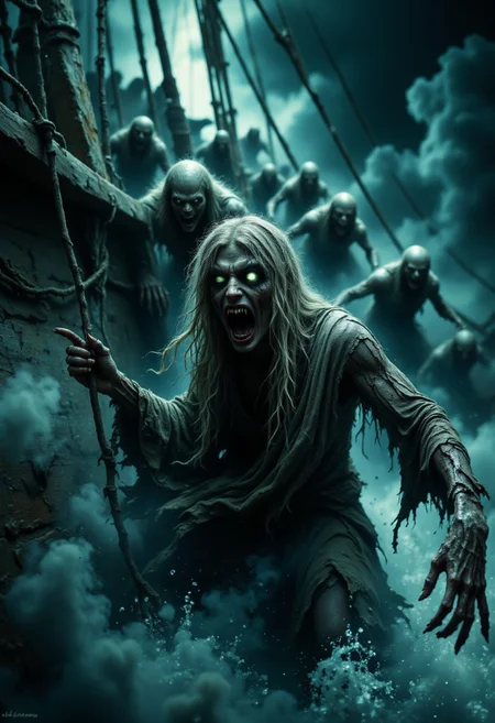 A zombie pirate crew climbing aboard a ghost ship, their glowing green eyes and tattered clothes billowing in the sea breeze.
, aidmaHalloweenBoost, aidmafluxpro1.1, aidmaimageupgrader, aidmaHyperrealism