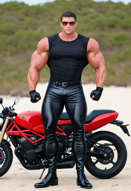 1man, black pants, gloves, pants, black leather gloves, tight black clothes, black opened leather blazer jacket, male focus, helmet, (black opened tuxedo leather blazer, tight black tuxedo shirt, standing, muscular male, muscular, huge biceps, bara, black leather gloves, black leather pants, black men leather shoes:1.8), black leather blazer jacket, tight black latex shirt, tight pants, standing up, flexing, taut black clothes, boots, large pectorals, large biceps, black opened leather blazer jacket, taut black latex shirt, black footwear, (sleek red Red Hood motorcycle helmet with solid white eye lenses, completely covers mouth:1.7), tropical beach<lora:KoraPhotography_PonyXL-000016:0.8>
