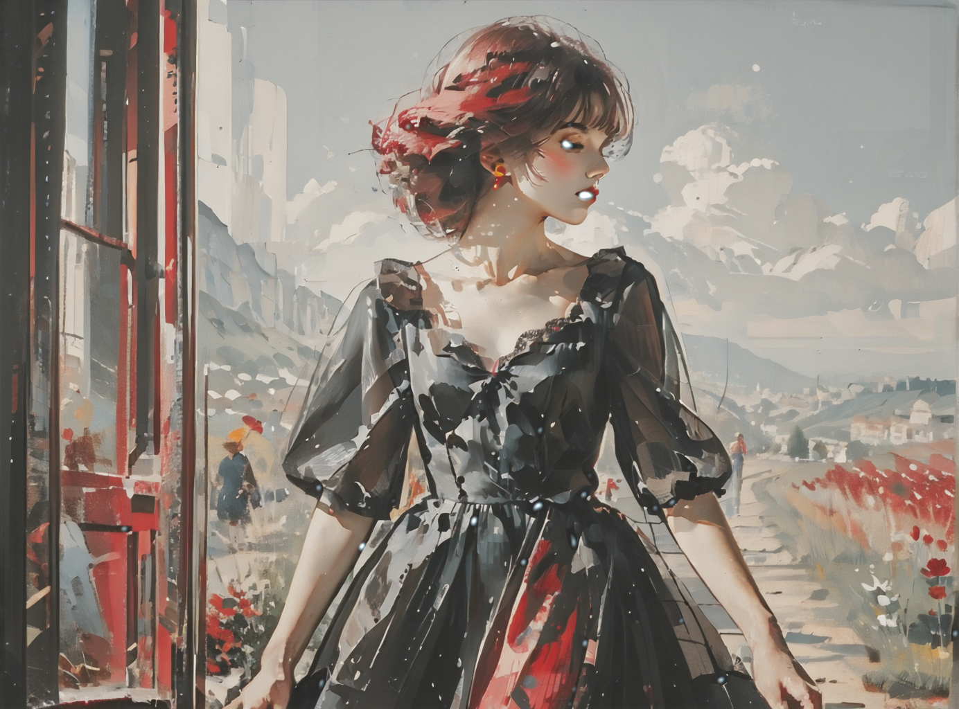 score_9, score_8_up, score_7_up, character in profile, walking, looking at surroundings, 1girl, pale skin, medium breasts, <lora:sm0k3XLP:1>, <lora:goth_clothes:1>, lollita dress, black dress, lollita, red details, Shoulder length hair, unnatural haircolor, <lora:john:1>, <lora:simple_cartoon_style:1>, expansive landscape painting background, art gallery,
