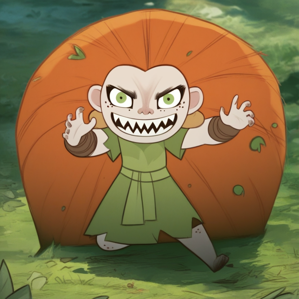 score_9, solo, 1girl, mebh, orange hair, long hair, green eyes, freckles, sharp teeth, looking at viewer, outdoors