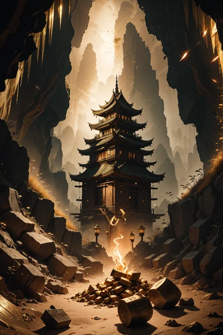 <lora:Calligraphy-ink-style-darquelilly-v1:0.7> calligraphyinkstyle, volumetric lighting, mysterious magical atmosphere, masterpiece, award winning picture, an eastern golden dragon, its skin is made of gold, dandruff made of melded gold, its hiding a treasure of gold in a cave surrounded by melted gold, <lora:dAIversity-LoRAtest-Photoreal-SD15-01:0.8>