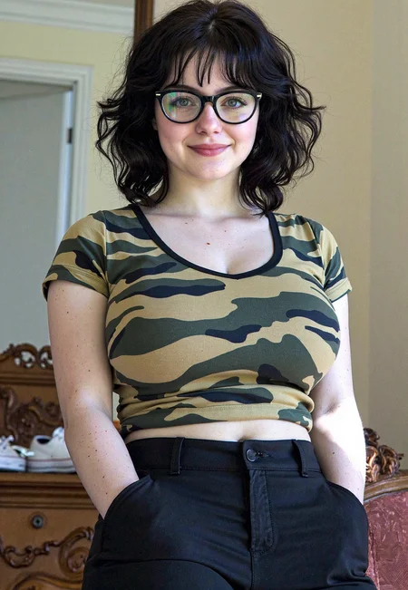 fine art photography, voluminous dark hair, cinematic portrait, young woman, 18yo, innocent, nerdy black glasses, hourglass figure, narrow waist, full hips, blue eyes, soft natural lighting, analog film grain, saturated color tones, street-art, fitted camouflage shirt, fitted black pants, white sneakers, cheerful aesthetic, candid shot, candid expression, shallow depth of field, retro ambiance, pale skin tone, indoor setting, 90s, artistic composition, timeless style, vibrant atmosphere, soft focus edges, wide shot, <lora:The_Body_Version_E:0.9> <lora:Ariel:1.0>