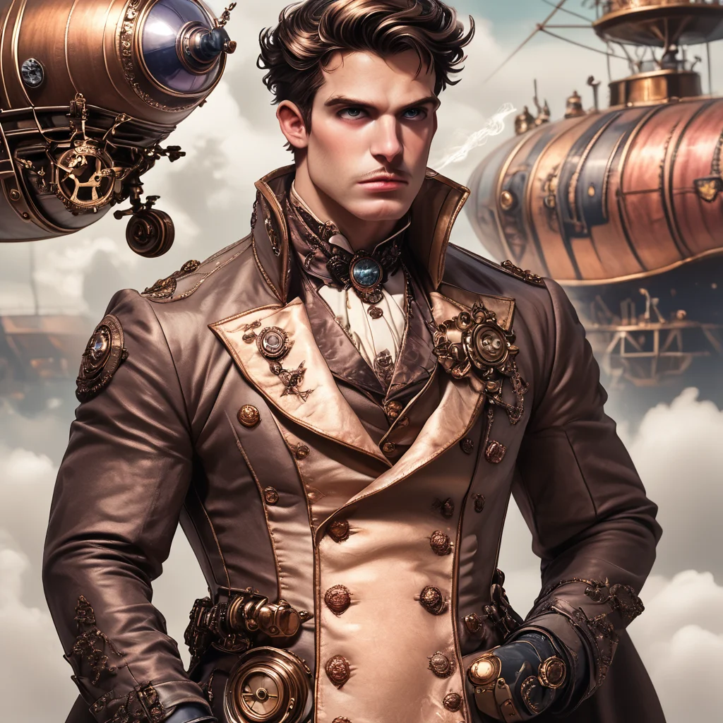 core_9, score_8_up, score_7_up, score_6_up,  <lora:RococoSteampunkPony:1>  ArsMJStyle, Rococo Steampunk, The image shows a man in a long coat with brass buttons piloting a steam-powered airship. He is surrounded by intricate brass levers and dials long coat, brass buttons, airship, levers, dials, piloting, steampunk, rococo, man, solo, machinery