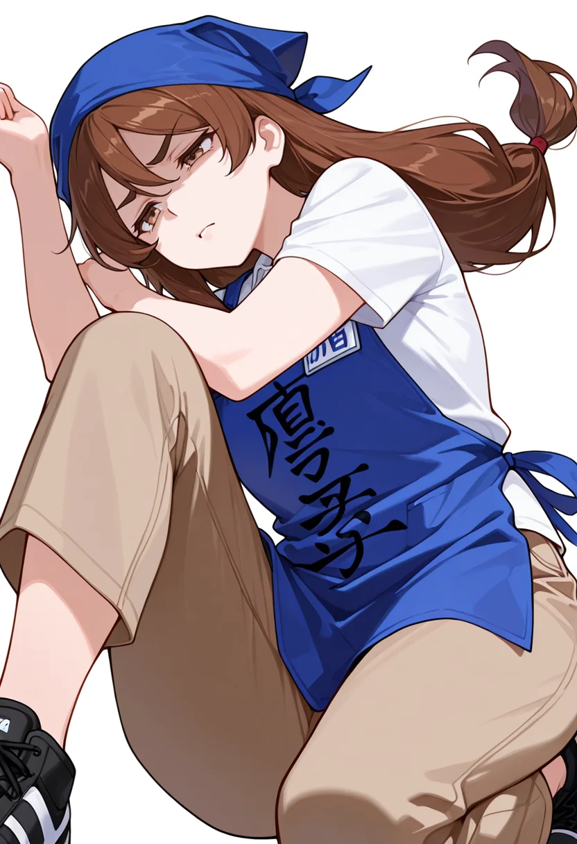 masterpiece,high quality details, absurdres,
 <lora:Natsuno_Yamada:0.8>
natsuno_cnr, 1girl, brown hair, long hair, hair between eyes, brown eyes, thick eyebrows,low-tied long hair,
employee uniform, white shirt, short sleeves,blue apron,brown pants, blue headwear,black sneakers, clothes writing,, simple background, white background, from below,solo,, disgust,guilt,, joyful expression,one knee raised to chest,arms swinging,