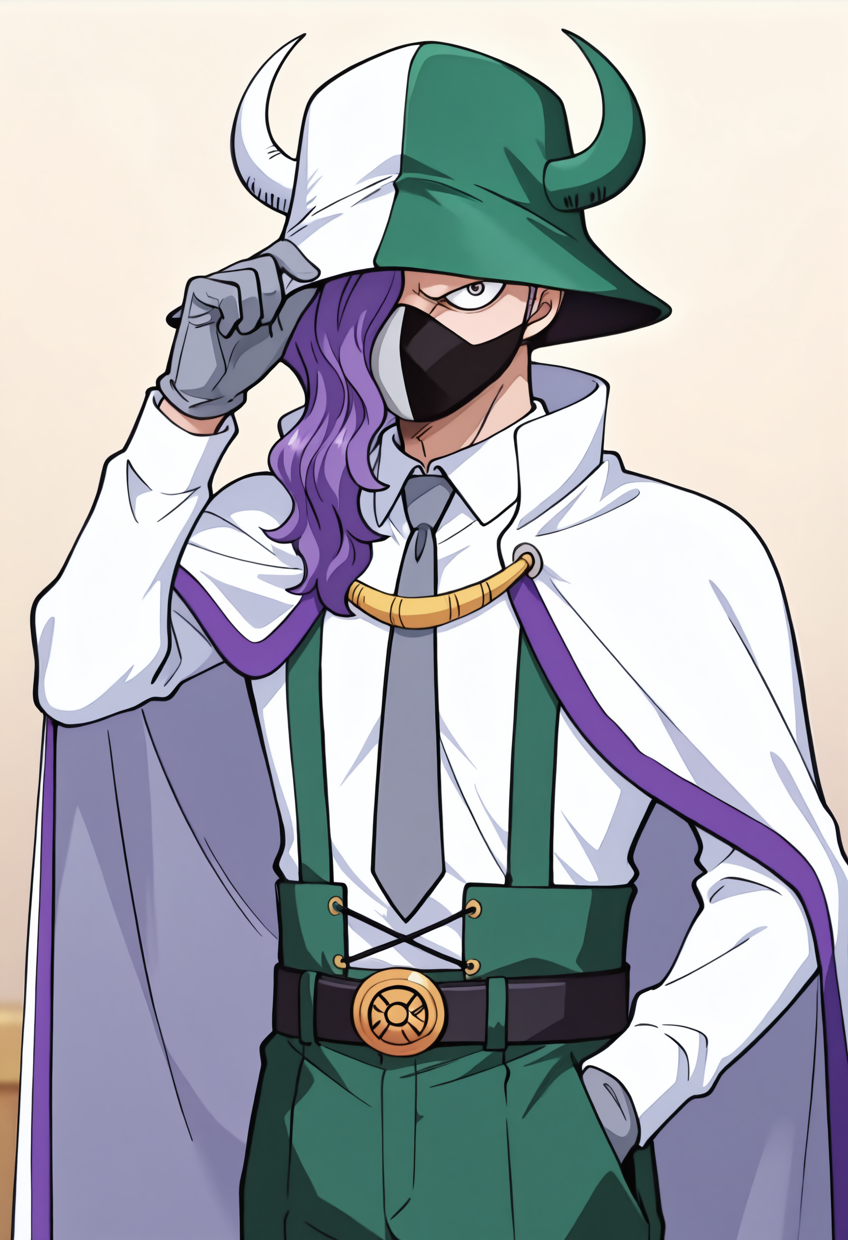 masterpiece, best quality, newest, absurdres, highres, very awa, anime screencap, official art, ambient occlusion, depth of field, simple background, Pageonep1, page_one_\(one_piece\), 1boy, male focus, green pants, hair over one eye, shirt, solo, necktie, pants, gloves, fake horns, white shirt, collared shirt, mask, hat, mouth mask, horns, looking at viewer, long sleeves, grey necktie, long hair, purple hair, white cape, horned headwear, cape, white background, belt, hand in pocket, suspenders, hand up, grey gloves, green headwear, cowboy shot, standing, covered mouth, one eye covered,