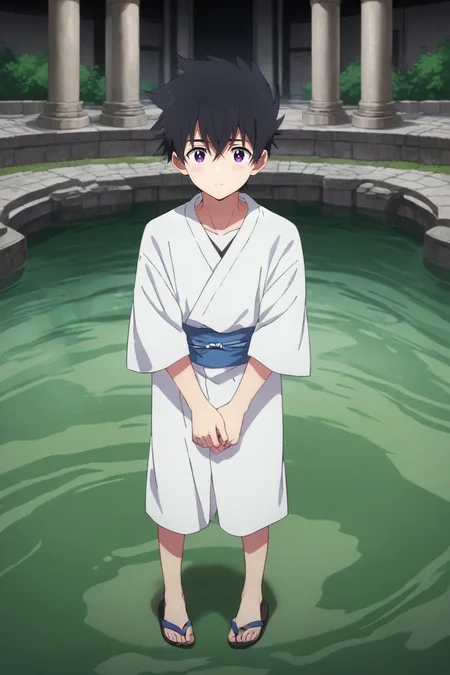 score_9, score_8_up, score_7_up, source_anime, rating_safe, , semi-realistic, , , 1boy, solo, male focus, <lora:ryuunosuke_minakata_pony:0.98>, ryuunosuke_minakata, black hair, purple eyes, short hair, bangs, hair between eyes, straight-on, full body, pond, arch, japanese architecture, indoors, light, (pose), shy, blush, funny costume, <lora:sdxl_lightning_8step_lora:1>