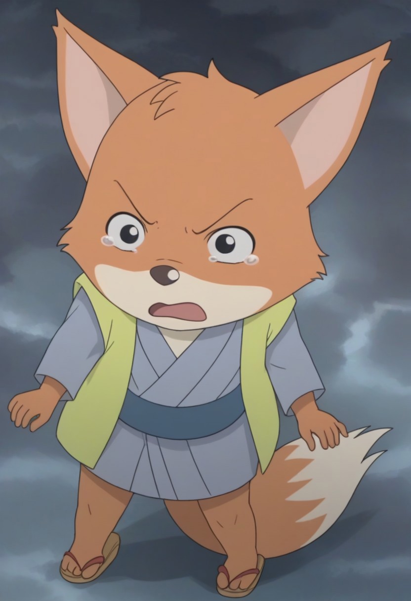 furry, 1boy, furry male, male focus, solo, looking at viewer, fox, fox boy, full body, animal ears, fox ears, black eyes, japanese clothes, kimono, sandals, tail, fox tail, tears, frown, open mouth, high quality