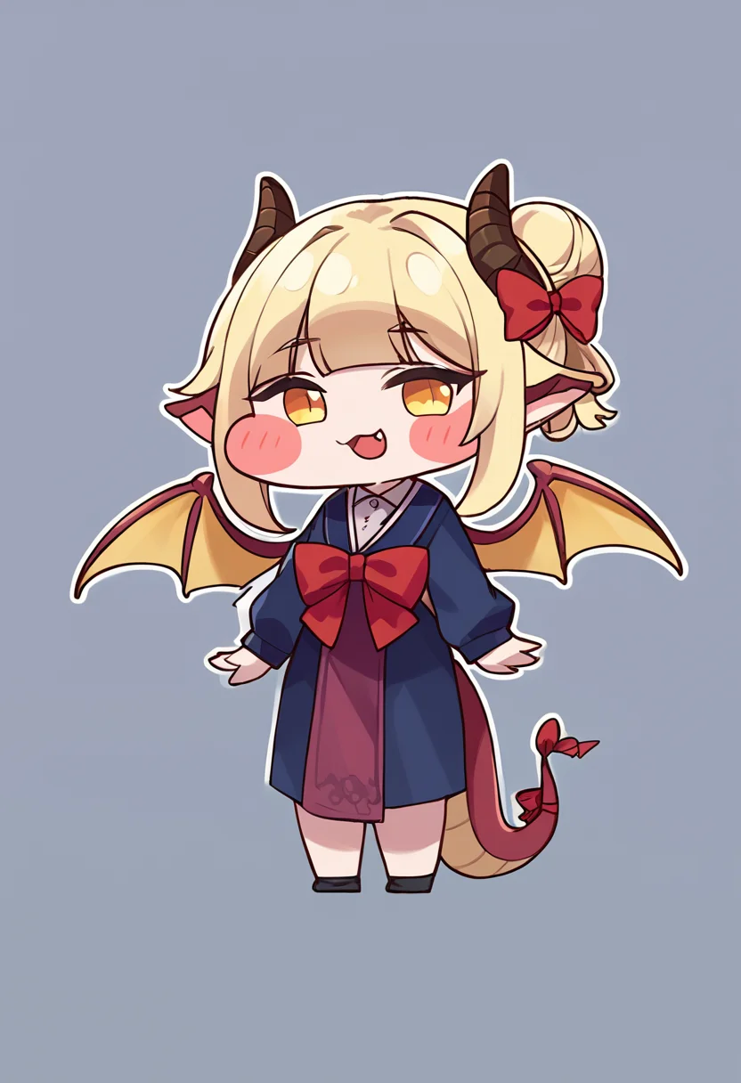 score_9,score_8_up,score_7_up,source_anime,zPDXL3,
*//*,<lora:Trickal_Revive-Pony:1>,1girl, tail, dragon tail, dragon wings, solo, wings, blonde hair, yellow eyes, chibi, animal ears, dragon horns, dragon girl, full body, smile, hair bun, open mouth, horns, bow, blush stickers, jewelry, long sleeves, hair bow, single hair bun, red bow, looking at viewer, :d