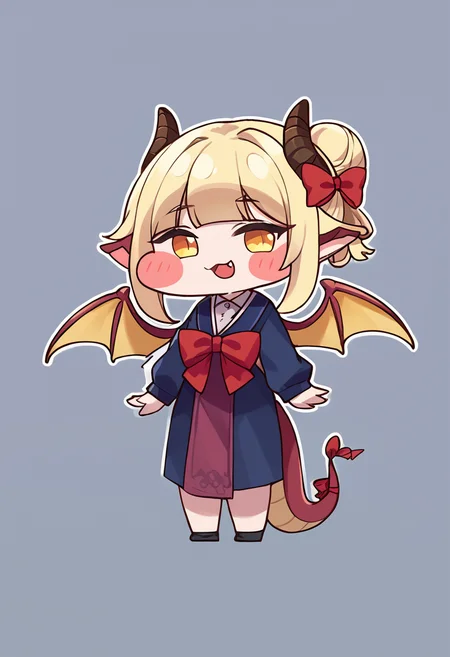 score_9,score_8_up,score_7_up,source_anime,zPDXL3,
*//*,<lora:Trickal_Revive-Pony:1>,1girl, tail, dragon tail, dragon wings, solo, wings, blonde hair, yellow eyes, chibi, animal ears, dragon horns, dragon girl, full body, smile, hair bun, open mouth, horns, bow, blush stickers, jewelry, long sleeves, hair bow, single hair bun, red bow, looking at viewer, :d
