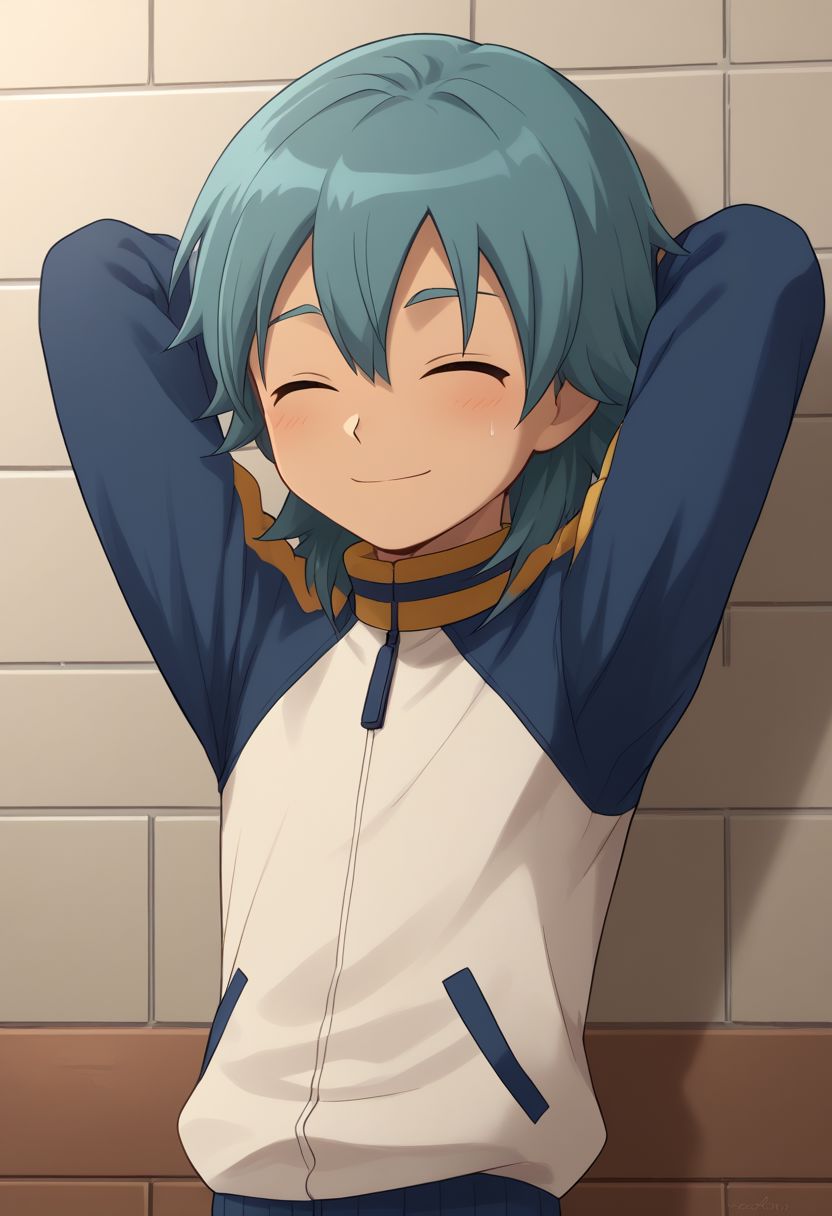 score_9, score_8_up, score_7_up, source_anime, highly detailed, 1boy, solo, male_focus, skinny, slender, cute, half body,
aitor_ina, male focus, 1boy, closed eyes, solo, raimon, track jacket, aqua hair, upper body, arms behind head, jacket, smile,