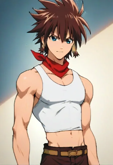 ((masterpiece)), ((best quality)), ((ultra-detailed)), score_9_up, score_8_up, score_7_up, HD, top quality, best quality, High-quality illustrations, anime screencap, perfect anatomy, 1male, 1boy, solo male, male focus, anime, anime boy, male anime character, cute, tall, tall body, tall height, ((thin body, slim body, slender body)), Momou Inugami, brown hair, spiky hair, blue right eye, green left eye, white tank top, neck red bandana, midriff, belt, brown pants, cowboy shot, head to hips shot