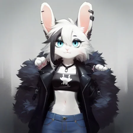 digital_media_(artwork) hi_res, score_9, score_8_up, score_7_up, score_6_up, score_5_up, score_4_up, rating_safe, beautiful, intricate, high quality details, highly detailed, amazing quality, anthro, furry, female, detailed textured fur, fur tufts, fluffy, cute, cute face, small, detailed sexy eyes, solo, SFW, rabbit, lop ears, expressive, sassy, multicolored hair, streaked hair, absurdres, highres, shirt, baggy denim pants, leather jacket, clothed slim, clothed slender, clothed skinny, goth, heavy eyeliner, heavy eye shadow, breasts, vivid colors,