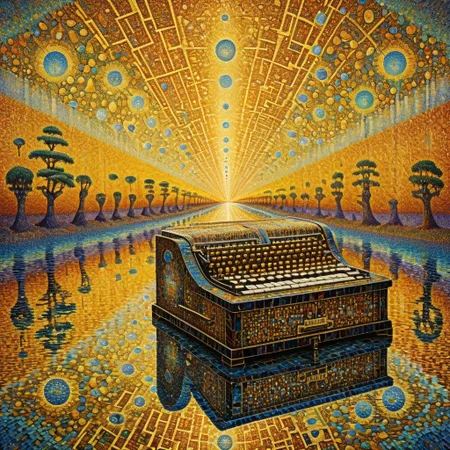 Enigma machine, radar, reflection, floating, molecular, cosmic map, very vivid, lucid, lucidity, extremely pointillistic, radar, cascading streams of gold, stream of water in the middle, depth, extremely detailed, intricate, woven, reflection, extremely colorful, perfect, perfection, pointillism, extremely pointillistic, Paul Signac Style, AH_Signac