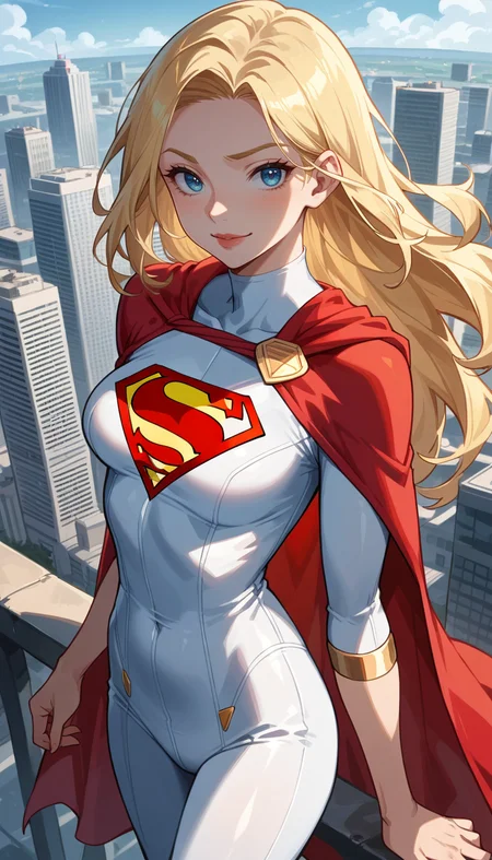 score_9, score_8_up, score_7_up, Anime Style, Cowboy Shot, Supergirl, cute, seductive, innocent, light smile:0.3, plump lips, slender body, blonde long hair, in high detailed and textured Supergirl suit, long red cape, gold ornate, gold embedded, landing, above the skyscrapers, ready for combat, arms along the body, city skylines Background, depth of field, dynamic angle, fashion photography, sharp, hyperdetailed:1.15