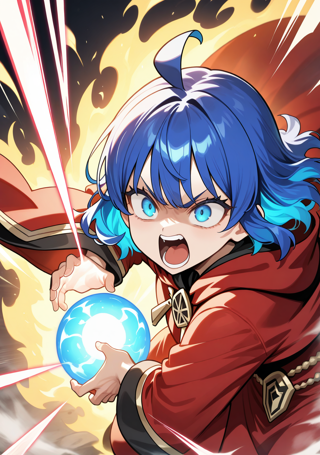 ,masterpiece, best quality, absurdres, perfect lighting,shiny skin,<lora:spo_sdxl_10ep_4k-data_lora_webui:0.7>,1girl,shukusei_lo, blue eyes, blue hair,short hair, <lora:Voiceless Voice:0.8>,hood,wide sleeves, red dress, long sleeves, cloak,floating hair,serious,angry,shouting, screaming,kamehameha, energy ball, aura <lora:kamehameha [IL]:0.8>