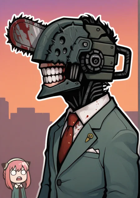 (chainsawman:1.2), sticker, colourful, outline, chibi, masterpiece, best quality, very aesthetic, absurdres, 1boy, (twilight:1.7), green suit and tie, chainsaw head, teeth, no eyes, no nose, chainsaw arms, \(spy x family\), blood stained, simple background <lora:StickerNoobLocon_byKonan:0.7>