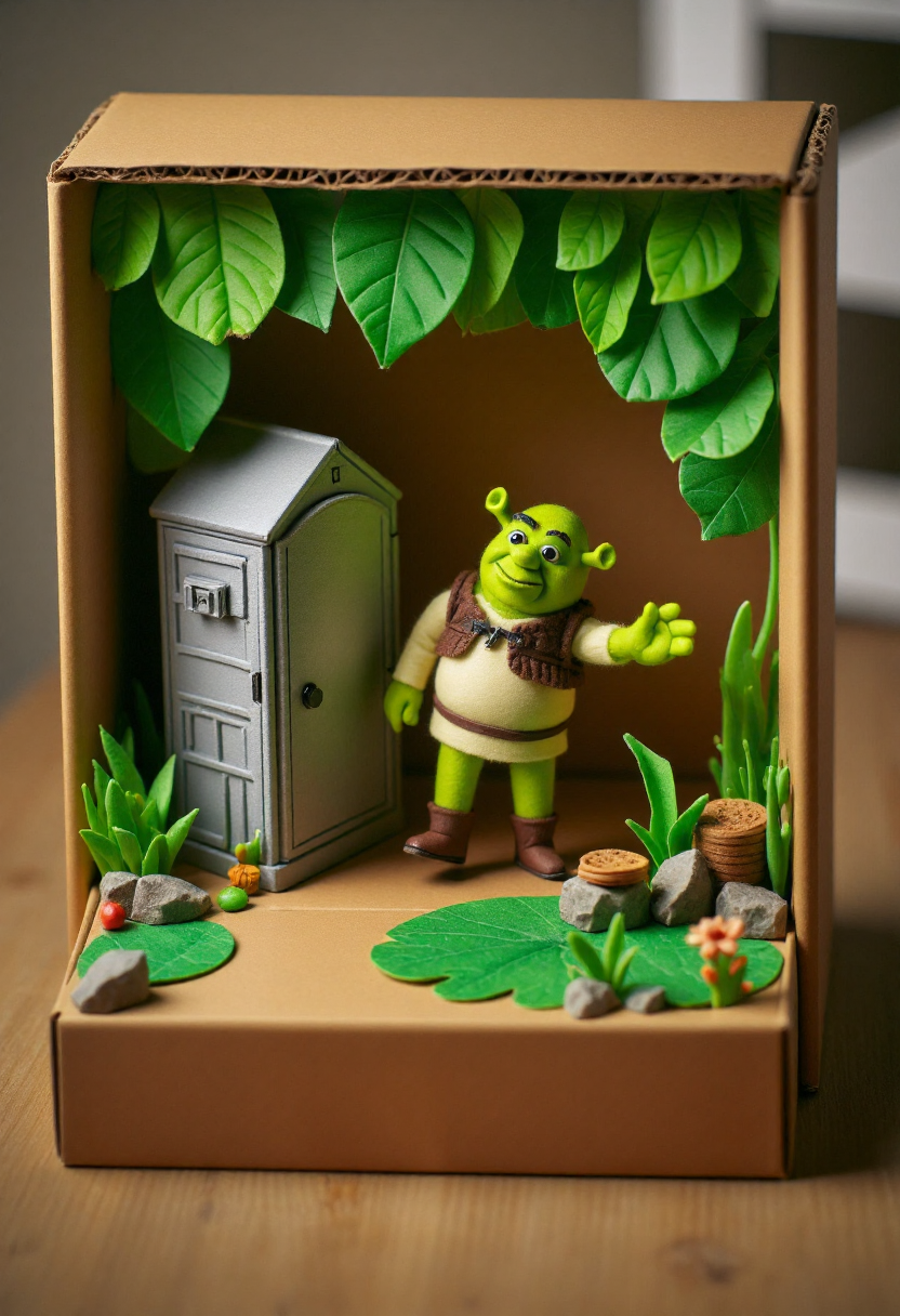 <lora:Finger_Puppet_Theater_FLUX-000013:0.9>
The image is a photograph of a whimsical, handcrafted diorama with a cardboard box set up as a stage,  featuring  Shrek walking away from an outhouse in a swamp