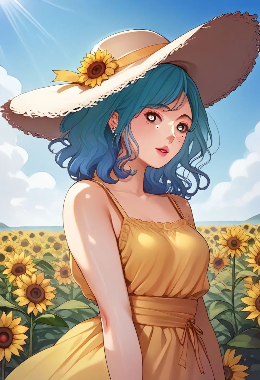 score_9, score_8_up, score_7_up, ASCII masterpiece, source_anime, BREAK, 1girl, solo, (( <lora:da_bo_hye:1> , da_bo_hye, short stature, thin waist, medium hips, beautiful skin, beautiful aquamarine hair, beautiful medium hair, clear eyes, piercing silver eyes, bright pupils, beautiful eyes, small breast, beauty, extraordinary beautiful girl, attractive girl, super sexy girl, )) , yellow sundress, sun hat, from behind, flower field, sunflower, sky, day, dappled sunlight, looking back, light smile,