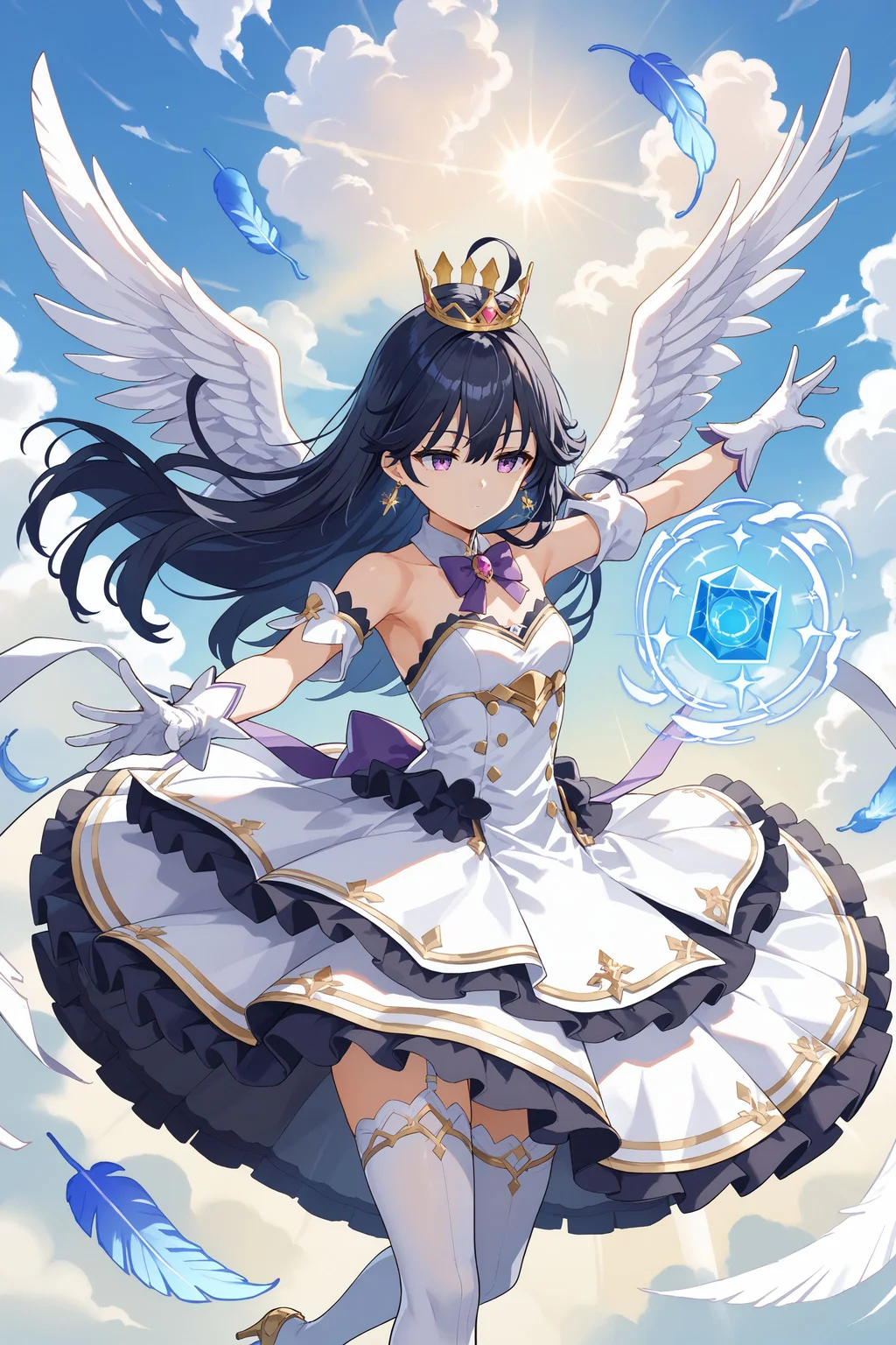 score_max, (score_9, score_8_up, score_7_up:1.2), score_6_up, official art, source_anime,
, masterpiece, absurdres, high detail, 8k,
golden sky, cloud, god rays, aerokinesis, wind magic, feathers,
levitation, spread arms, t-pose, expressionless, half-closed eyes,
2d, kamisaman, ahoge, black hair, long hair, magicaorigin, crown, aiguillette, gem, earrings, purple bow, bowtie, white dress, bare shoulder, feathers, white gloves, layered skirt, gold trim, white thighhighs, high heels,
<lora:XL_Pony_MGCM-kamisaman-t1:1.1>