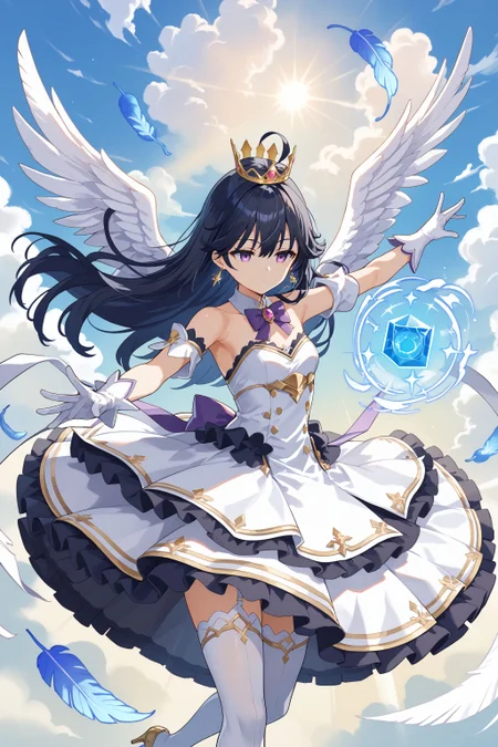 score_max, (score_9, score_8_up, score_7_up:1.2), score_6_up, official art, source_anime,
, masterpiece, absurdres, high detail, 8k,
golden sky, cloud, god rays, aerokinesis, wind magic, feathers,
levitation, spread arms, t-pose, expressionless, half-closed eyes,
2d, kamisaman, ahoge, black hair, long hair, magicaorigin, crown, aiguillette, gem, earrings, purple bow, bowtie, white dress, bare shoulder, feathers, white gloves, layered skirt, gold trim, white thighhighs, high heels,
<lora:XL_Pony_MGCM-kamisaman-t1:1.1>