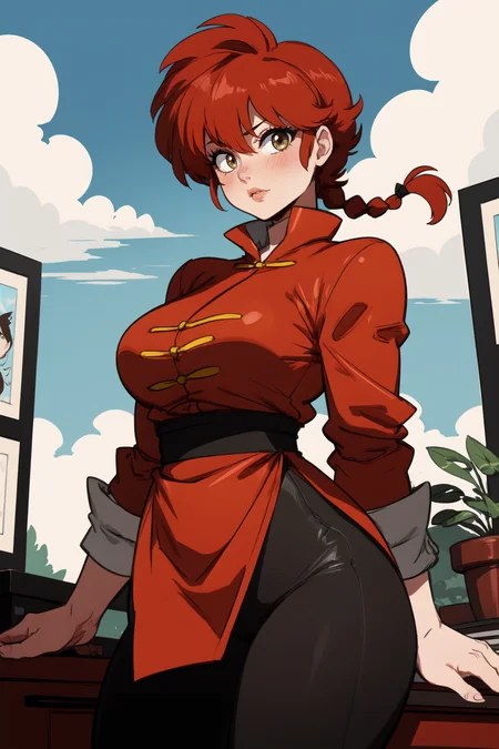 1girl, (solo:1.2), (cowboy shot:1.2), (looking at viewer:1.3),
<lora:Ranma - Ranma-chan [justTNP - v1.0]:1> femaleranma, braided ponytail, (chinese clothes:1.2), tangzhuang, black pants, (red chinese style jacket:1.3), curvy, large breasts, young female, (energetic:1.2)
BREAK <lora:Lightsource [MockAi - v1.0]:0.85> lightsource, (sketchy artstyle:1.2), (simple shading), western artstyle, vibrant colors
BREAK intricate details, (masterpiece:1.3), (best quality:1.3), (perfect anatomy:1.4) BREAK, (beautiful white clouds:1.3), puffy clouds, white sky