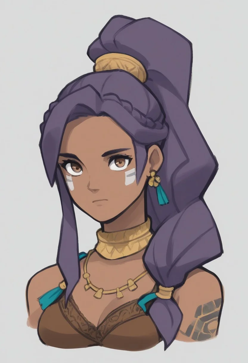 benrawtod,
1girl, solo, braid, ponytail, expressionless, earrings, jewelry, breasts, upper body, purple hair, dark skin, dark-skinned female, long hair, brown eyes, crown braid, high ponytail, closed mouth, bare shoulders, medium breasts, brown bra, green tassel, tattoo, facial mark, arm tattoo, looking at viewer, sleeveless, necklace, choker, turtleneck, bra, gold choker, tassel, tassel earrings, hair over shoulder