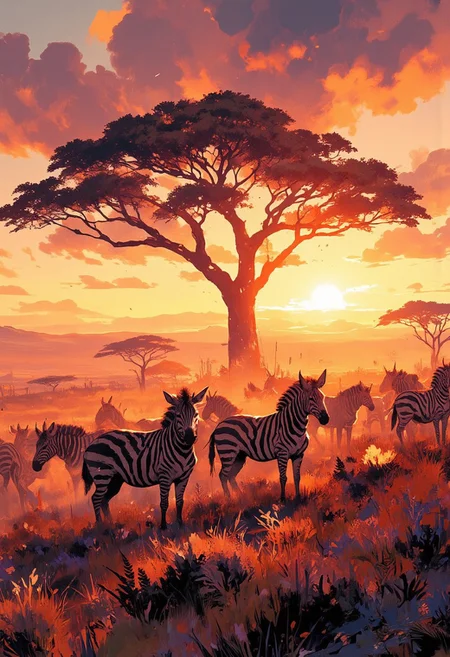 Mh1$AgThS2, intricate linework with expressive contrasts, soft lighting with dynamic highlights, a herd of zebras and wildebeest grazing on the African savannah, silhouetted at sunset, In the style of ff-td