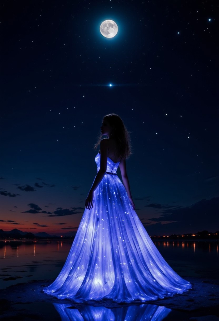 8k HDR RAW photo of a woman wearing a bioluminescence mlkwglx long flowing dress, at the beach, by night, moonlight, detailmaximizer