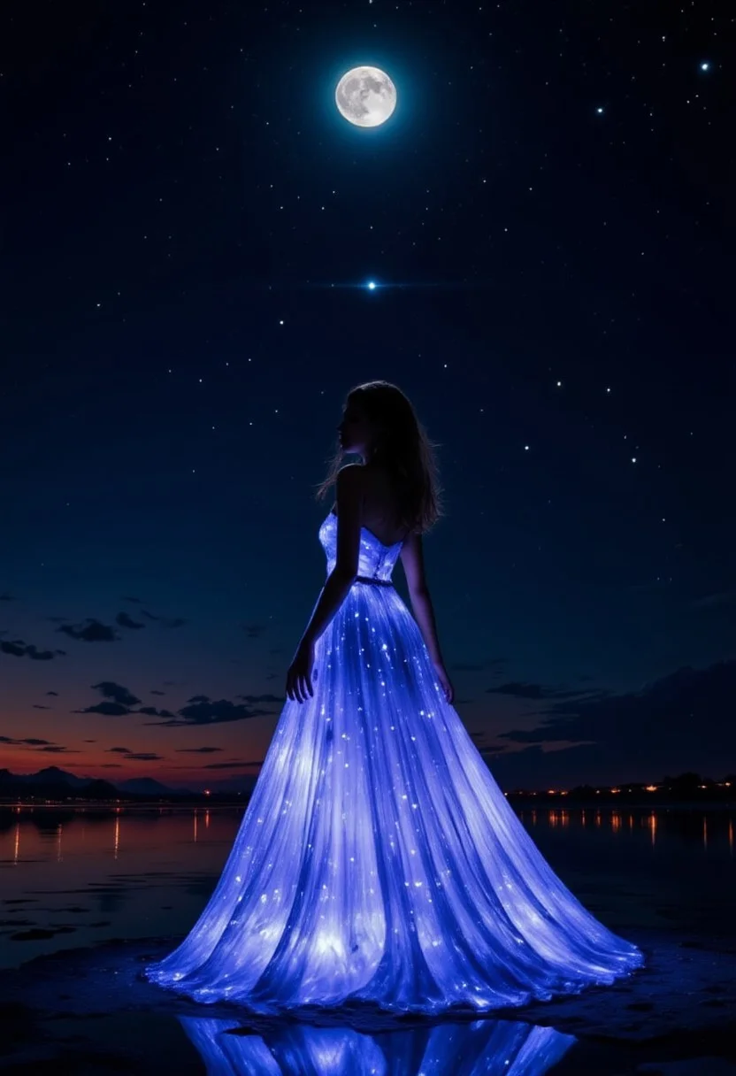8k HDR RAW photo of a woman wearing a bioluminescence mlkwglx long flowing dress, at the beach, by night, moonlight, detailmaximizer