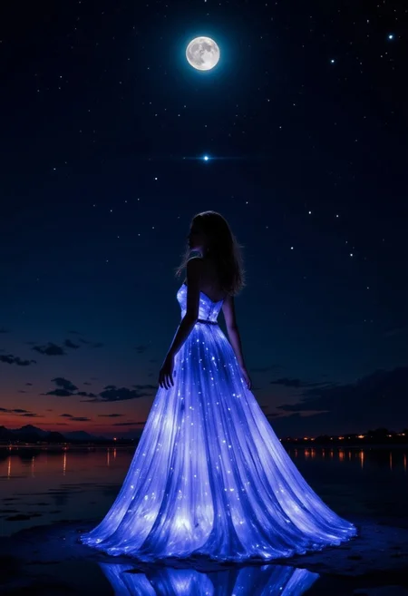8k HDR RAW photo of a woman wearing a bioluminescence mlkwglx long flowing dress, at the beach, by night, moonlight, detailmaximizer