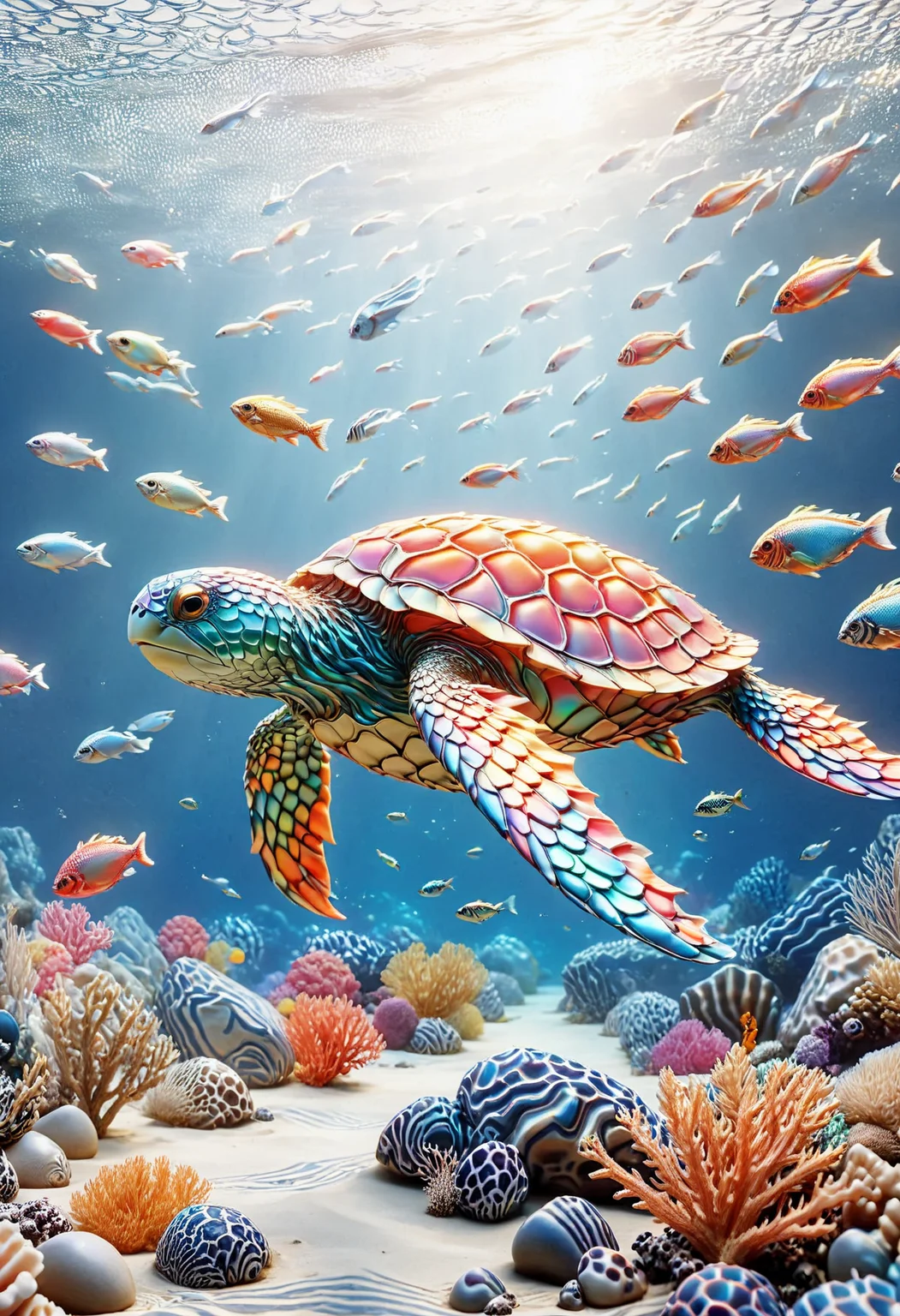 An underwater scene in a coral reef, teeming with exotic marine life. Schools of colorful fish dart among the coral formations, and a gentle sea turtle glides past. Sunlight filters down from the surface, creating dappled patterns on the ocean floor and highlighting the vivid colors, made out of iridescent scales, <lora:PinkieIriSclsSDXL-v1:1>, p1nk1r1sc4l3s,