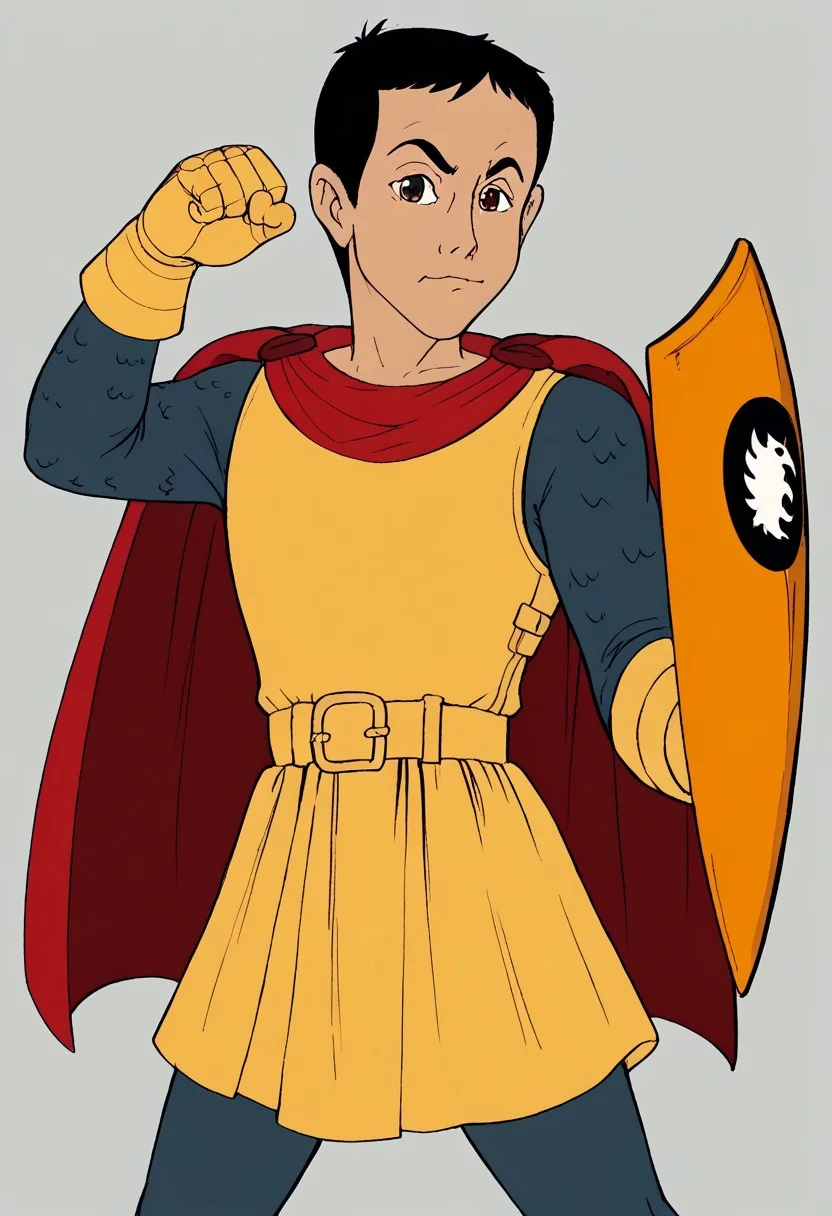 score_9, score_8_up, score_7_up, highly detailed, cute boy, 1boy, solo, ericthecavalier, black hair, Messy hair tuft, short hair, brown eyes, Yellow tunic, red cape, Chainmail Sleeves, blue gray leggings, silver greave, Gold Armor gloves, gold belt, fantasy knight design, griffon shield, Gold shild, black and white emblem, griffon emblem, Shape Triangular, rounded edges, Black circular crest with a white stylized griffon emblem, 1boy, male focus, male, young adult, solo, CuteCartoonStyle, dynamic pose,