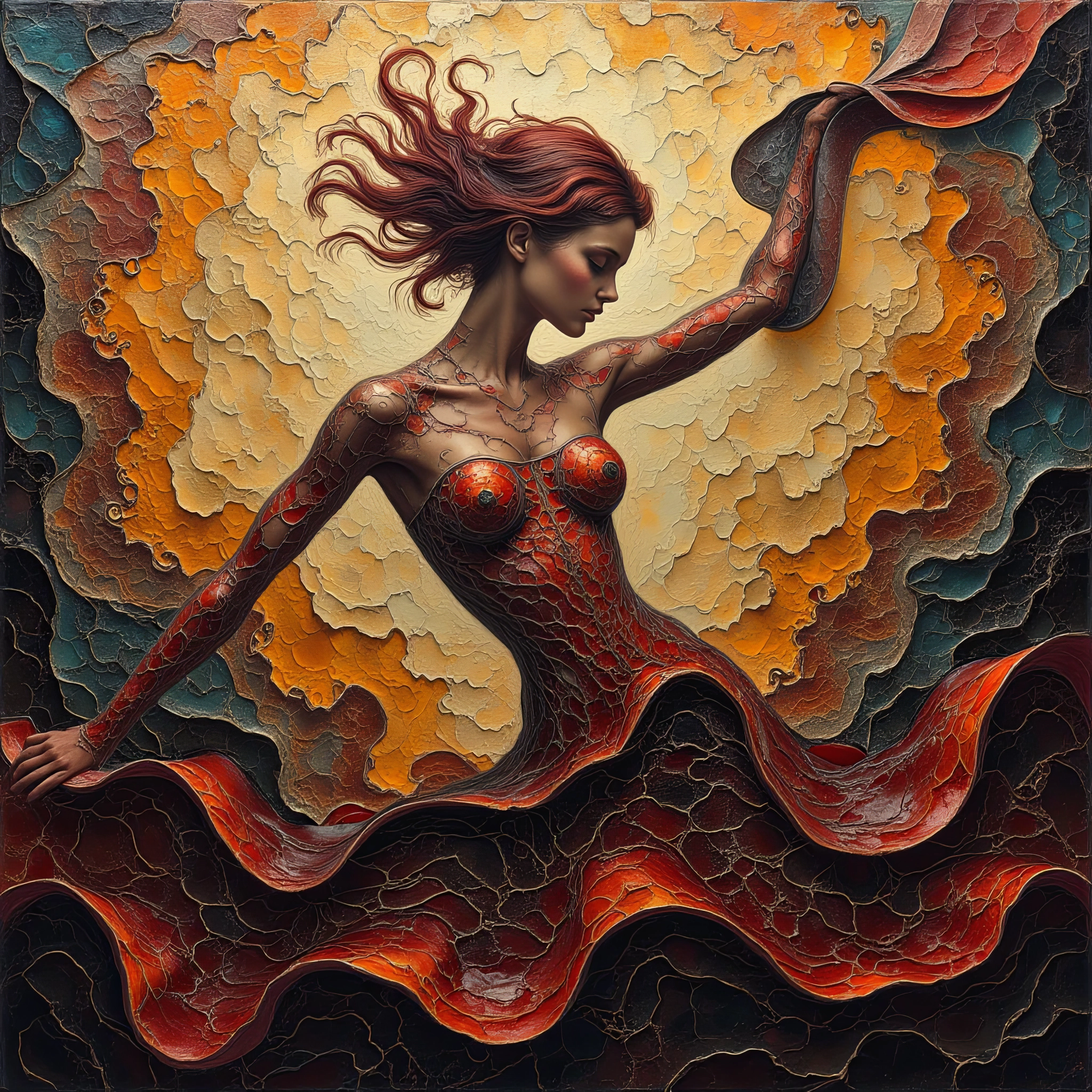 A bobble stained glass style work of art with a painterly texture, using a color scheme of deep golds, oranges, reds, and dark blues and blacks. The masterpiece depicts a stylized female figure, her form integrated into the overall mosaic structure of the painting. The figure is positioned in the center, almost seamlessly blending into the background. The pose of the body is a graceful, slightly curved pose, suggesting movement, as if flowing with the wind. The figure's form is made up of many smaller geometric shapes and appears to be sculpted from the mosaic glass material itself, rather than painted on top. Her hair is depicted as a reddish brown, suggesting fluid movement in a way that emphasizes the fluidity of the form. No clothing is visible, but the flowing lines of the mosaic around the figure's form suggest a dress-like shape. The lighting appears to be coming from within the painting, giving it an inner glow. The gold and orange tones suggest a warm, perhaps sunset-like light.