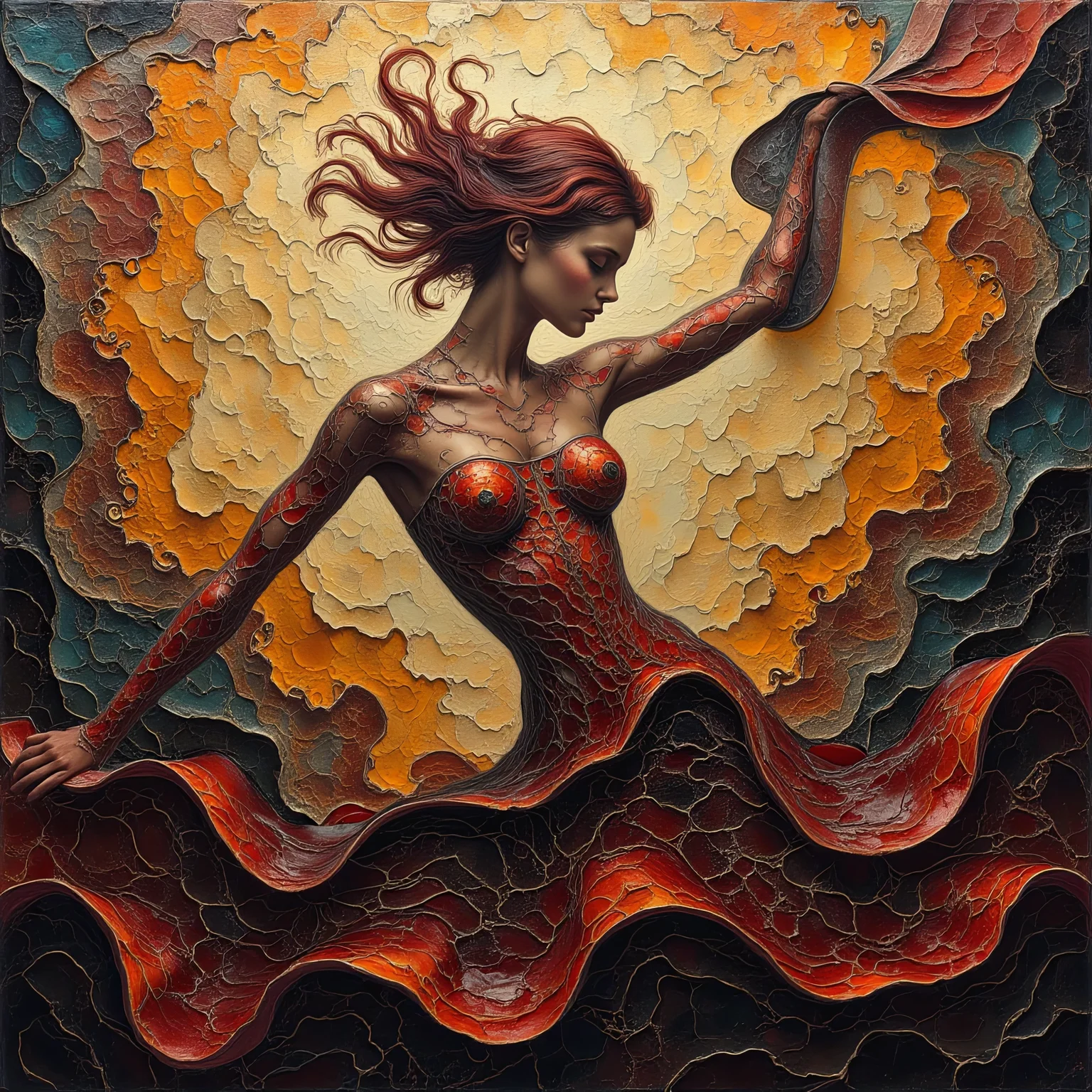 A bobble stained glass style work of art with a painterly texture, using a color scheme of deep golds, oranges, reds, and dark blues and blacks. The masterpiece depicts a stylized female figure, her form integrated into the overall mosaic structure of the painting. The figure is positioned in the center, almost seamlessly blending into the background. The pose of the body is a graceful, slightly curved pose, suggesting movement, as if flowing with the wind. The figure's form is made up of many smaller geometric shapes and appears to be sculpted from the mosaic glass material itself, rather than painted on top. Her hair is depicted as a reddish brown, suggesting fluid movement in a way that emphasizes the fluidity of the form. No clothing is visible, but the flowing lines of the mosaic around the figure's form suggest a dress-like shape. The lighting appears to be coming from within the painting, giving it an inner glow. The gold and orange tones suggest a warm, perhaps sunset-like light.