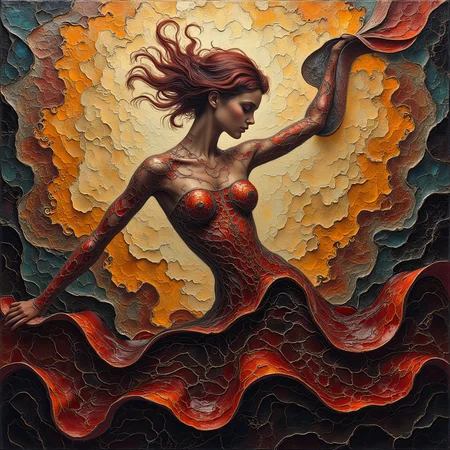 A bobble stained glass style work of art with a painterly texture, using a color scheme of deep golds, oranges, reds, and dark blues and blacks. The masterpiece depicts a stylized female figure, her form integrated into the overall mosaic structure of the painting. The figure is positioned in the center, almost seamlessly blending into the background. The pose of the body is a graceful, slightly curved pose, suggesting movement, as if flowing with the wind. The figure's form is made up of many smaller geometric shapes and appears to be sculpted from the mosaic glass material itself, rather than painted on top. Her hair is depicted as a reddish brown, suggesting fluid movement in a way that emphasizes the fluidity of the form. No clothing is visible, but the flowing lines of the mosaic around the figure's form suggest a dress-like shape. The lighting appears to be coming from within the painting, giving it an inner glow. The gold and orange tones suggest a warm, perhaps sunset-like light.