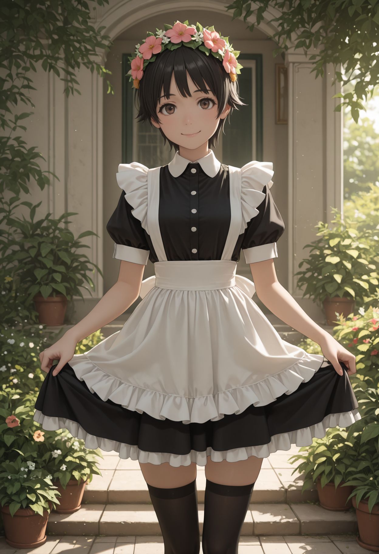 masterpiece,best quality,absurdres,highres,very aesthetic,high quality,detailed,insanely detailed,beautiful,perfect lighting, looking at viewer, looking at viewer, smile,
  <lora:Uiharu Kazari:1> 1girl, short hair, black hair, brown eyes, head wreath,  garden, standing, cowboy shot, maid, maid headdress, skirt hold, curtsey, zettai ryouiki,