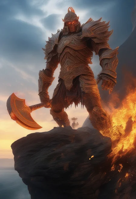 Score_9, score_8, score_8_and_up,
A giant wielding a huge flaming axe, busting over the edge of a rocky cliff, action scene, fantasy world, perfect background, epic quality, dramatic sky, highest quality, UHD