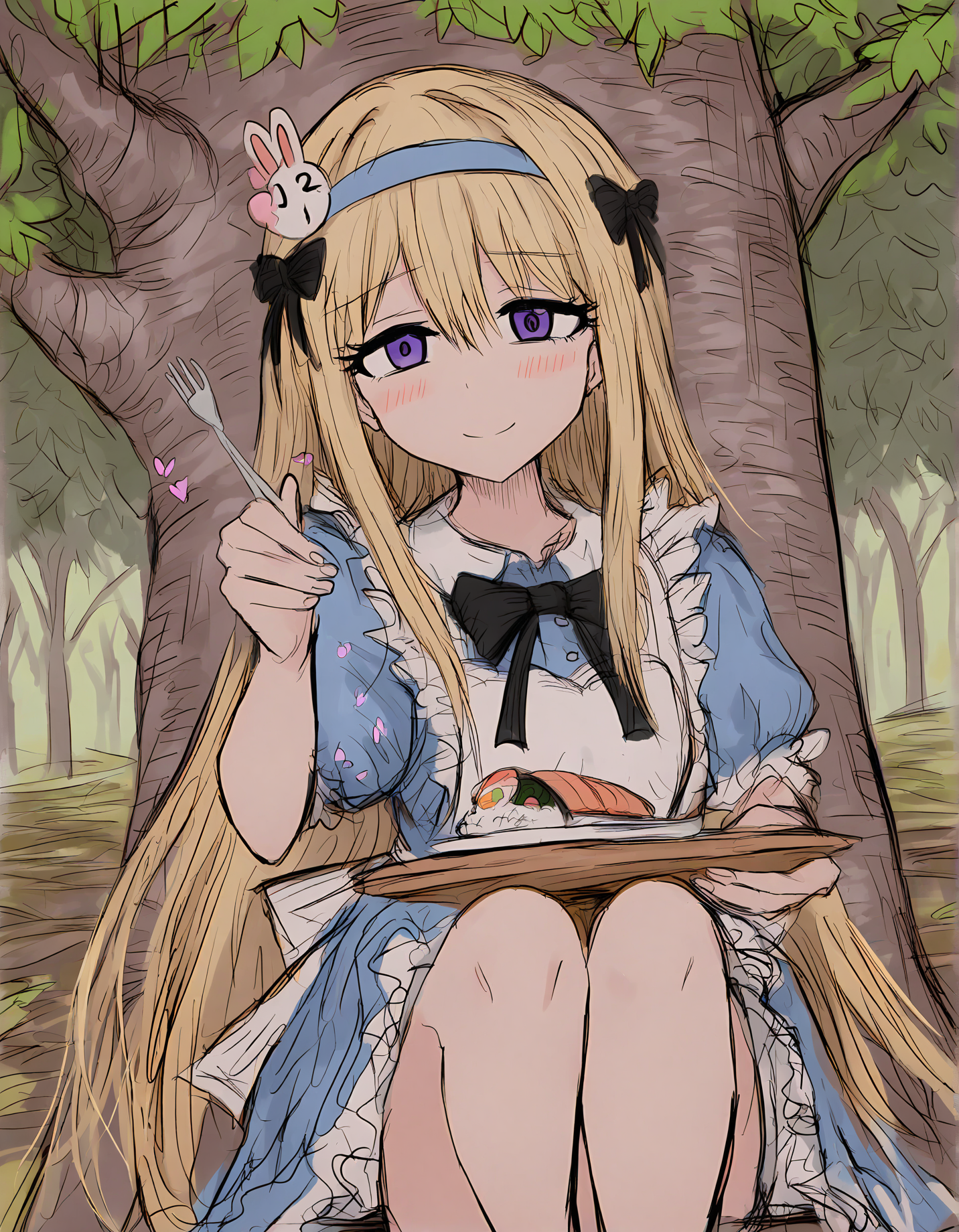 sushi yuusha toro, 1girl, blonde hair, long hair, solo, puffy short sleeves, short sleeves, hair ornament, fork, puffy sleeves, smile, dress, closed mouth, blush, blue dress, tree, purple eyes, alice (alice in wonderland), holding fork, holding, very long hair, apron, bow, hairband, hair between eyes, sensitive, food, white apron, black bow, ribbon, rabbit hair ornament, sketch, looking at viewer, sitting, collared dress, hair ribbon, frills, blue hairband, fingernails, frilled apron, day, black ribbon, against tree, black bowtie, outdoors
very awa, masterpiece, best quality, year 2024, newest, highres, absurdres, <lora:black-souls-style-noobai-epspred11:1>