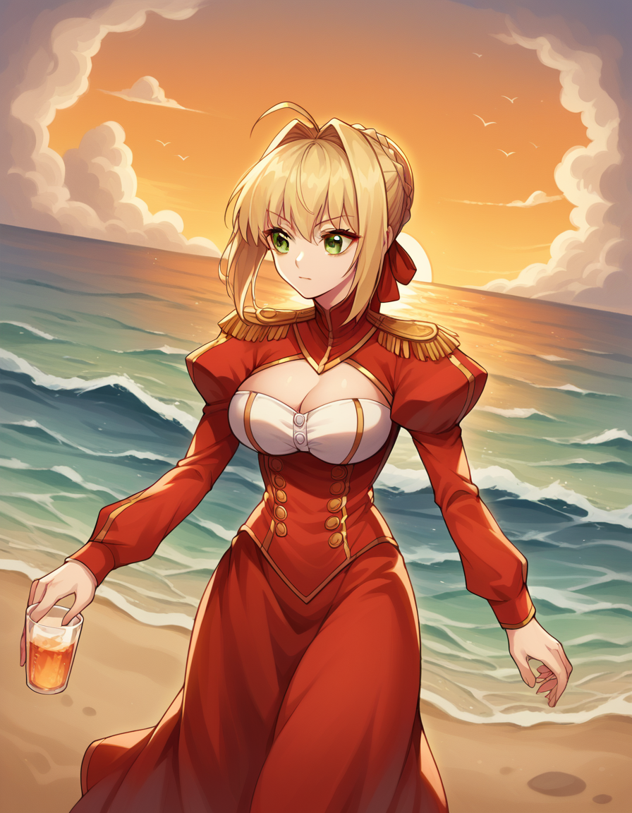 score_9, score_8_up, score_7_up, source_anime, <lora:fgo-nero-claudius-ponyxl-lora-nochekaiser:1>, nero, ahoge, blonde hair, green eyes, hair between eyes, hair intakes, large breasts,, bow, braid, braided bun, buttons, cleavage, cleavage cutout, clothing cutout, dress, epaulettes, french braid, gold trim, hair bun, juliet sleeves, long sleeves, puffy sleeves, red bow, red dress, sidelocks, single hair bun,, beach, sunset, walking along shore, footprints in sand, waves, peaceful, , , hand holding a cup, solo,, cowboy shot, dutch angle