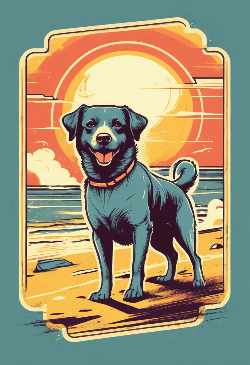 retro_tshirt, a dog playing on a beach sunset, flat, frame,( square:1.1), (white outline:1.2) <lora:retro_tshirt:1>