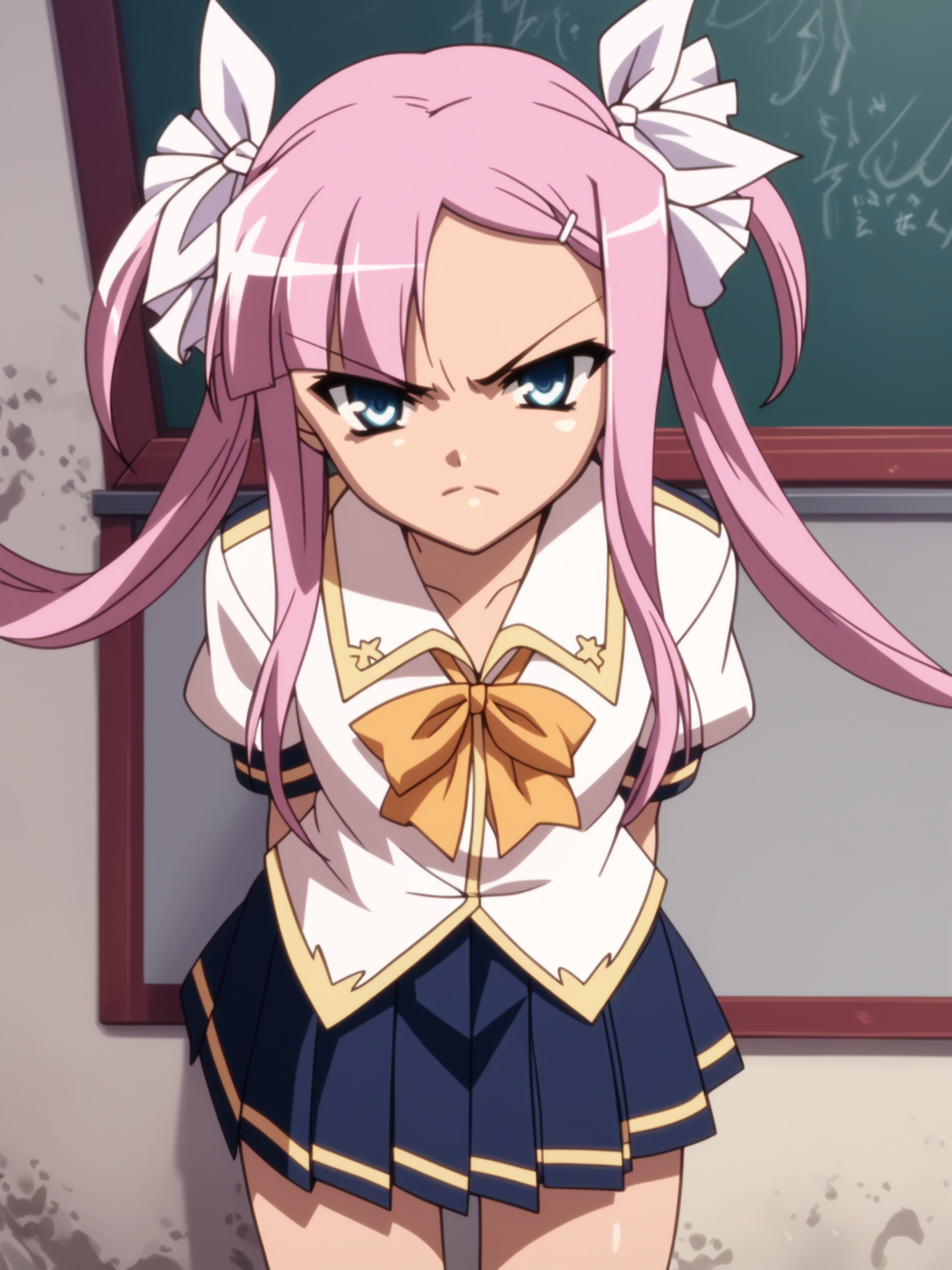 <lora:happy_tentacle-sonshoukou-v0.1-000012:1>, ht_sonshoukou, hair ribbon, hairclip, school uniform, , indoors , 1girl, solo, cowboy shot, thighs , , (angry :1), heavy breathing , looking at viewer , , facing viewer , score_9, score_8_up, score_7_up, score_6_up, score_5_up, score_4_up