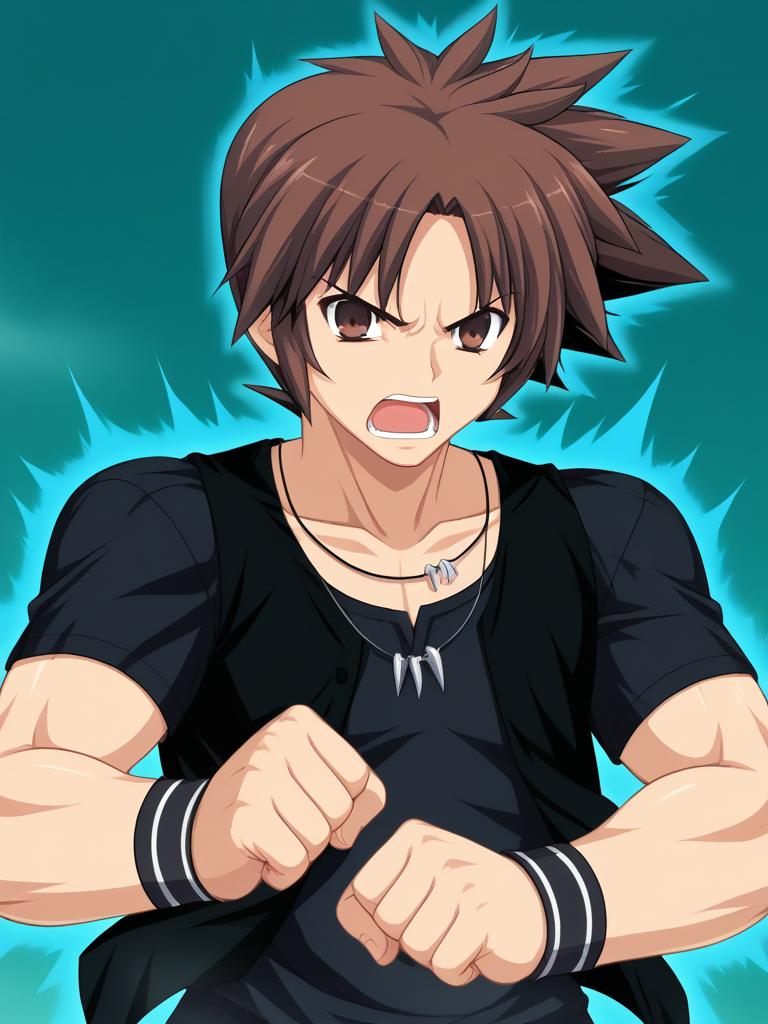 1boy, solo, reijilokiEXAEXSFA, brown hair, spiked hair, brown eyes, t-shirt, vest, wristband, necklace, jewelry, serious, green background, mist, clenched fists, standing, electricity, blue aura, angry, open mouth, shouting, punching, foreshortening, upper body,