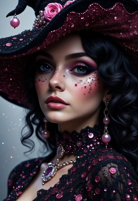hyper detailed double exposure, beautiful whimsical acrylic art close up portrait, ultra realistic boujee witch, with curly hair, detailed gothic dress, black and pink hyper detailed witch hat, black, black 🐱, biege💀, 🎃, in the style of keith garvey, luis royo, in the style of Bing AI, Dall-e 3, perfect colored line art, sparkles, spooky halloween background