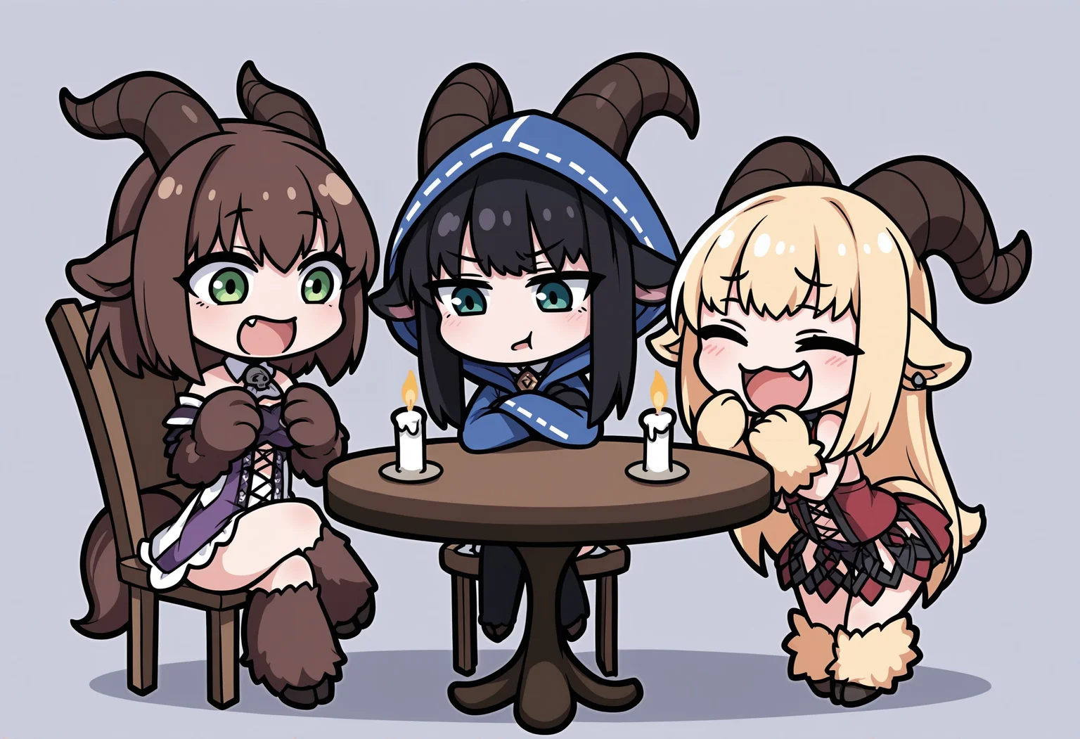 3girls, perfect face, baphomet, animal-ears_side, animal hands, leg-fur_kneehigh, hooves, segmented horns, animal tail, fang, elaborate clothing, chibi BREAK
1girl, brown hair, chair, sitting, crossed legs, green eyes, open mouth, excited, green eyes, looking at middle girl BREAK
1girl, 2-on-1, round table, chair, sitting, candles, annoyed, blue eyes, black hair, hood, pout, arms crossed, blue eyes, looking down BREAK
1girl, blonde hair, standing, leaning forwards, knees together, eyes closed, laughing, smug, <lora:14bebcdd-5eb3-41dc-8375-aff617aad250:1.0>