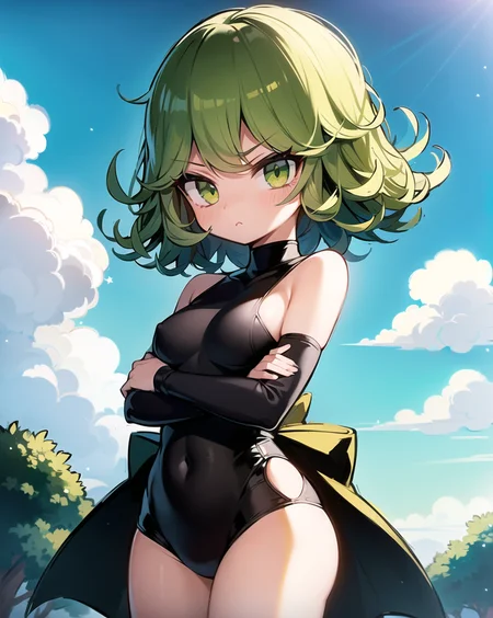 masterpiece, best quality, ultra-detailed, illustration, epic lighting, cinematic composition, colorful, 1girl, (tatsumaki:1.2), pout, (crossed arms:1.2), (dark green short hair:1.2), green eyes, curly hair, (small breasts:1.2), black robe, flying, high up,  sky, day, clouds, sunny, (extremely detailed CG:1.2), (8k:1.1)