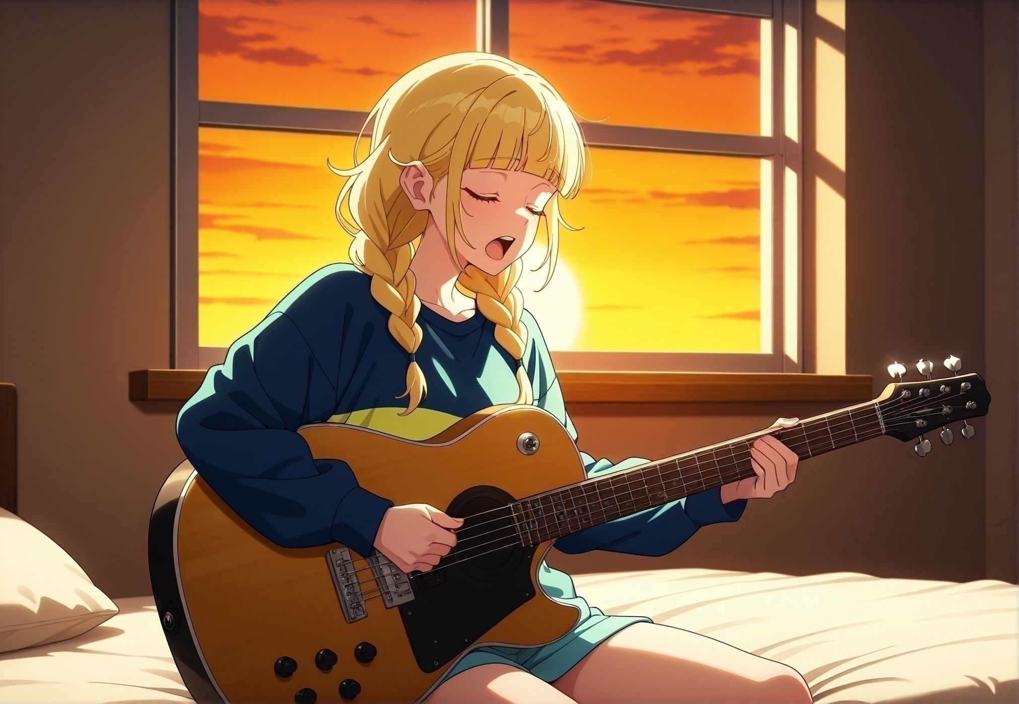 masterpiece,best quality,amazing quality,very aesthetic,absurdres,newest, huge filesize, 
<lora:spo_sdxl_10ep_4k-data_lora_webui:0.5>,anime screenshot, 2d anime,anime coloring, 
<lora:add-detail-xl:1>  
1girl, on bed, sitting, holding Guitar,closed eyes, singing, window,sunset,
<lora:Paripi_Koumei_V1:1>
Paripi_KoumeiV1,
1girl,blonde hair,
solo,braid,
long hair,bangs,
twin braids,blunt bangs,
brown eyes,p_eiko_house ,play giter
upper body,
BREAK