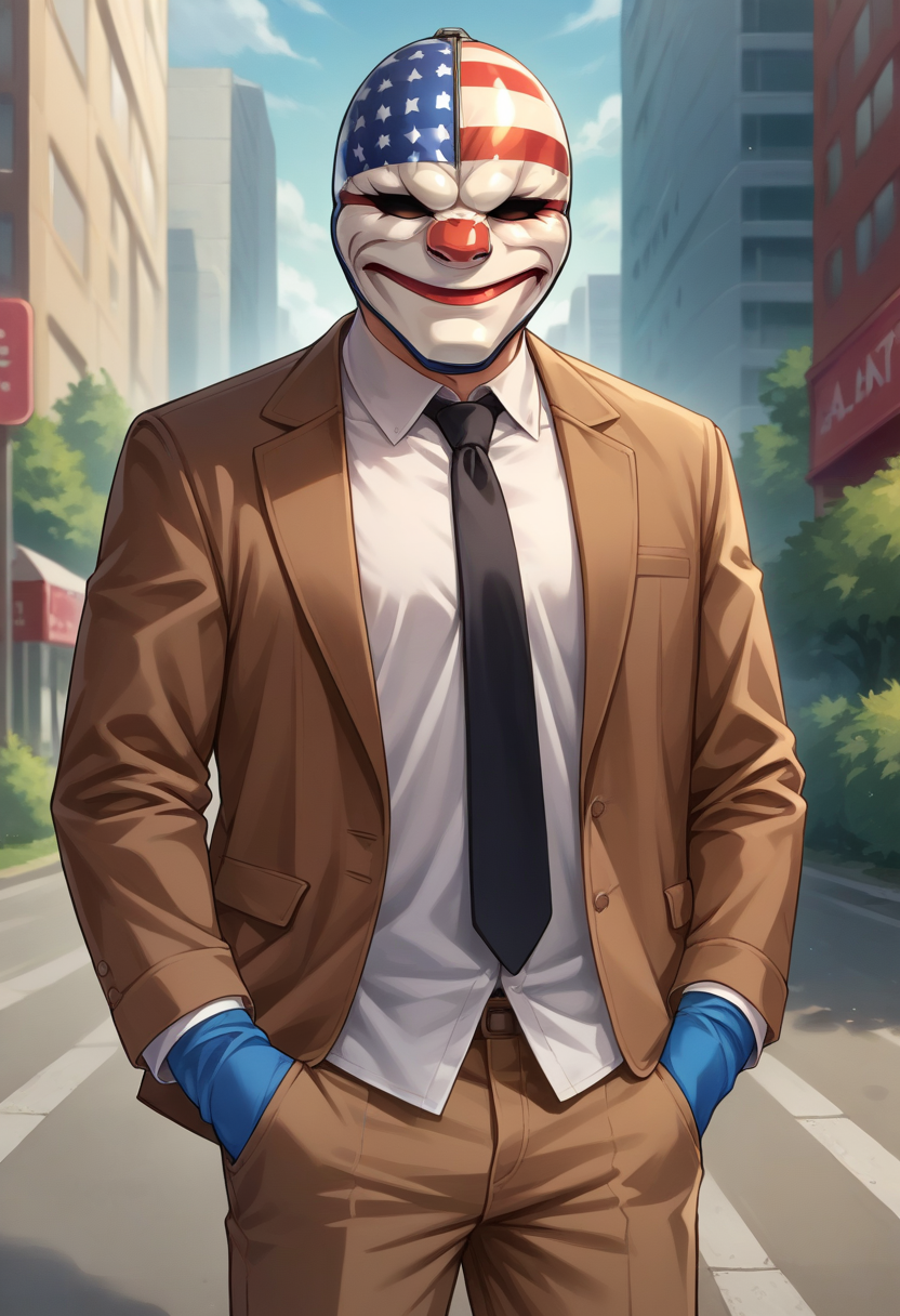 score_9, score_8_up, source_anime, 1boy, solo, DallasPD, mask, brown jacket, open jacket, black necktie, white shirt, dress shirt, blue gloves, brown pants, outdoors, hands in pockets, <lora:epoch-000014:1>