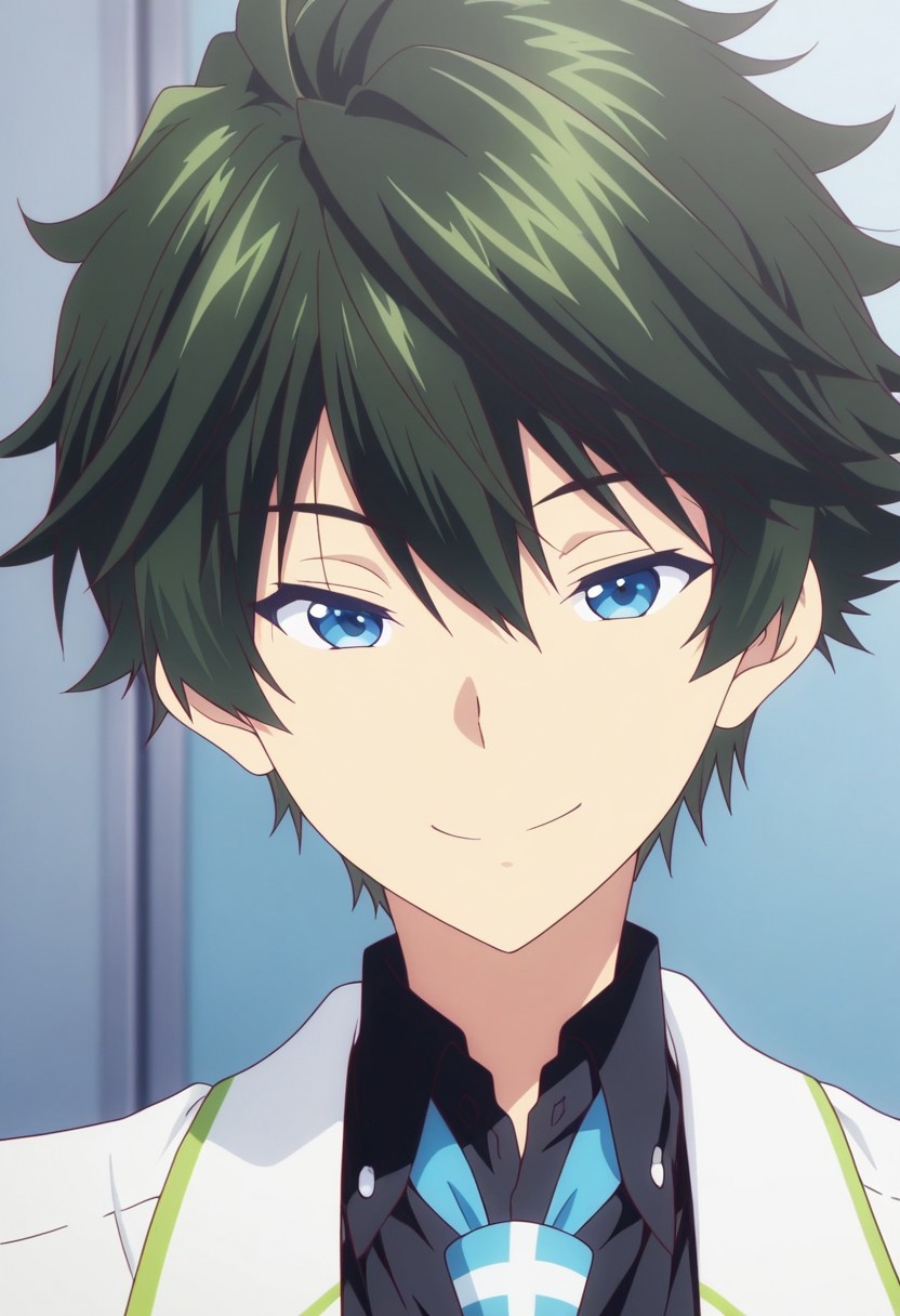 masterpiece,best quality,amazing quality, source_anime, 
HaruhikoIchijo, 1boy, male focus, solo, blue eyes, green hair, school uniform, shirt, black shirt, collared shirt, necktie, blue necktie, jacket, blazer, white jacket, open jacket, smile, portrait,