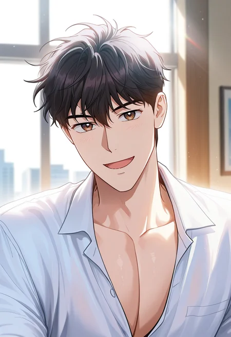 masterpiece, best quality, amazing quality,high resolution, intricate details,official style,depth of field , , , 1boy, solo, male focus, <lora:han_yoohyun:0.75>,han yoohyun,black hair,brown eyes,looking at viewer, smile, open mouth,white shirt, upper body, collared shirt, indoors, window, sunlight, pectoral cleavage