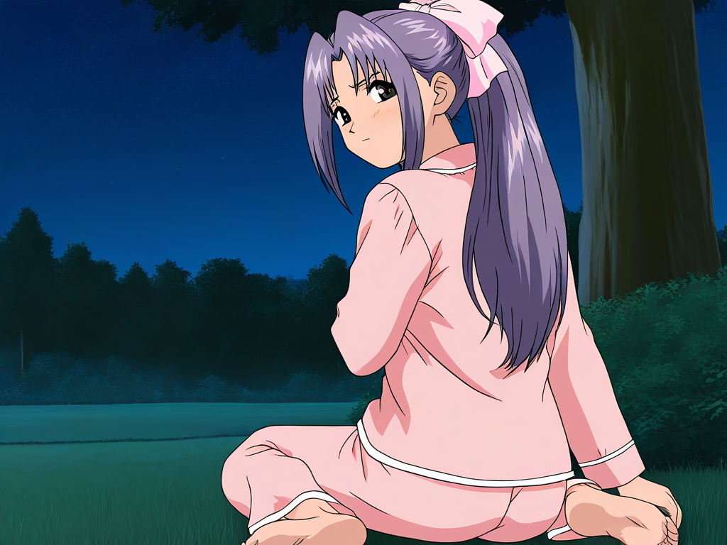 general,highres, game cg, ultra-detailed,very aesthetic,best quality ,best hands,  BREAK <lora:koigakubo_Momoko_IS:1>koigakubo_Momoko, solo, purple hair, long hair, hair bow, brown eyes, ponytail, pink bow, 
barefoot, pajamas, soles, feet, sitting, solo, night, looking back, outdoors, toes, tree, looking at viewer, grass, yokozuwari, pants, from behind, closed mouth
anime coloring,